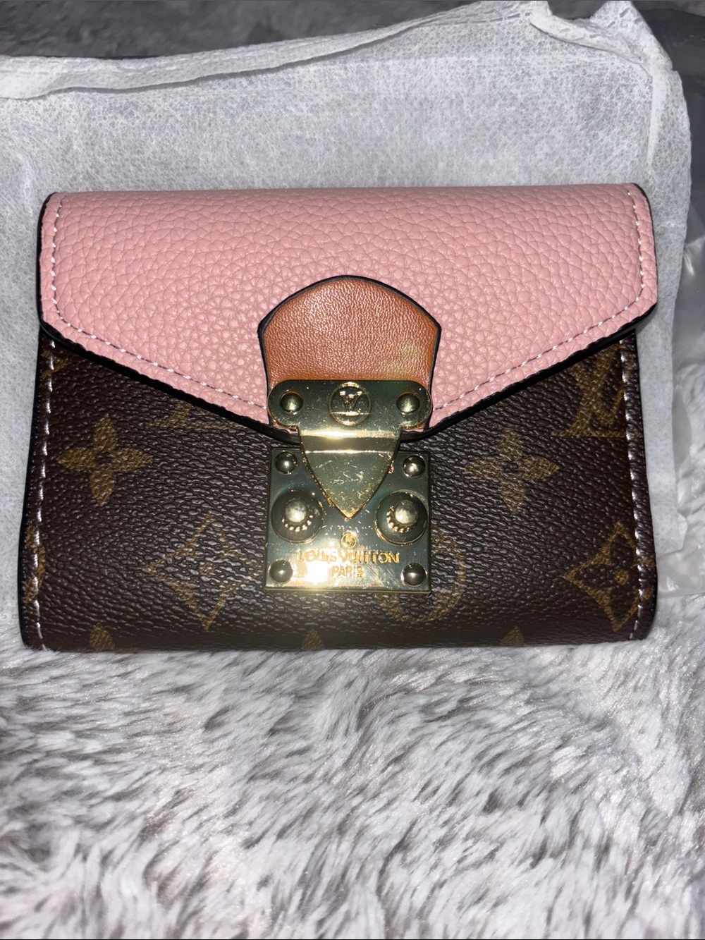 Pink and Brown Monogram Mini Wallet with Gold Hardware